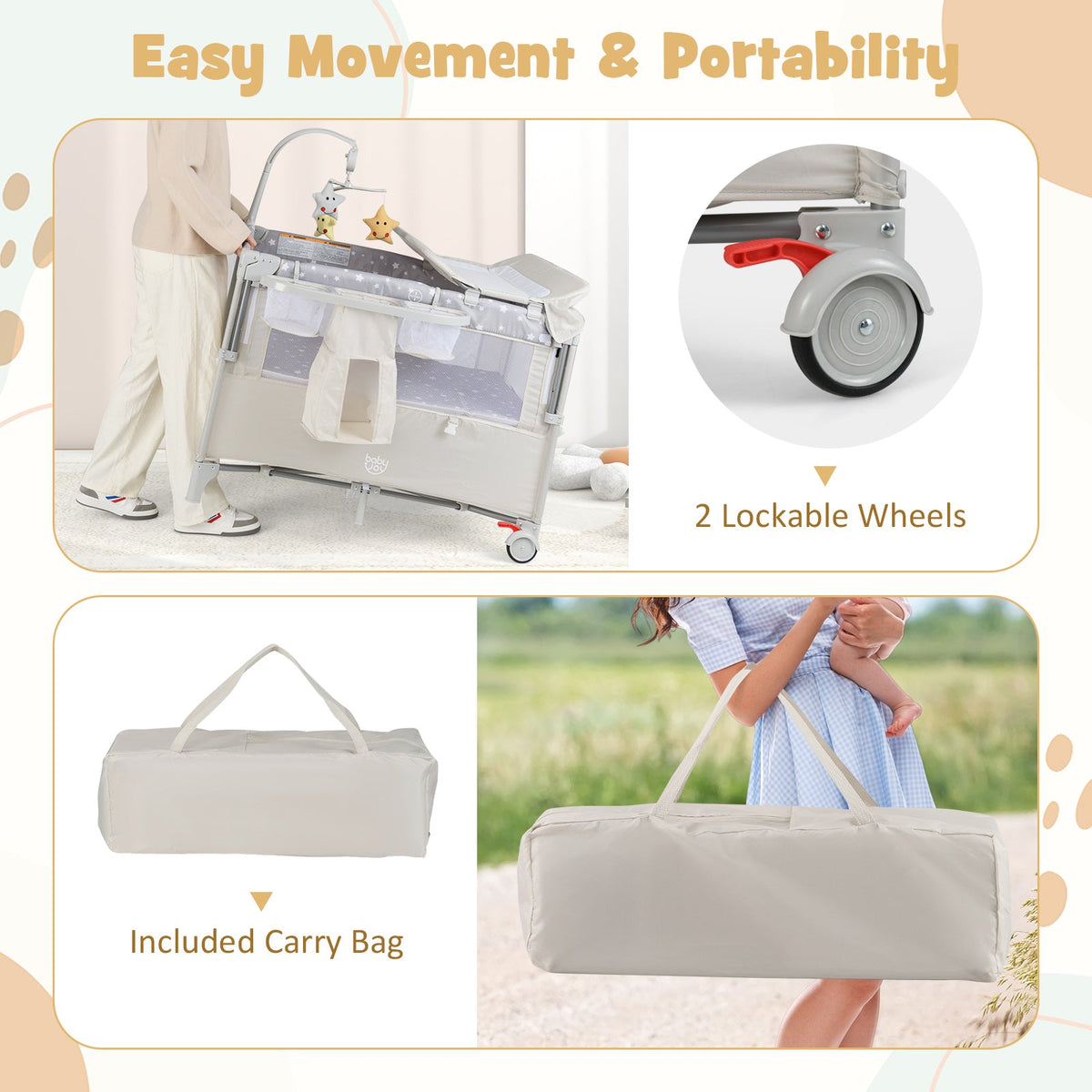 5-in-1 Portable Baby Beside Sleeper Bassinet Crib Playard with Diaper Changer-Beige