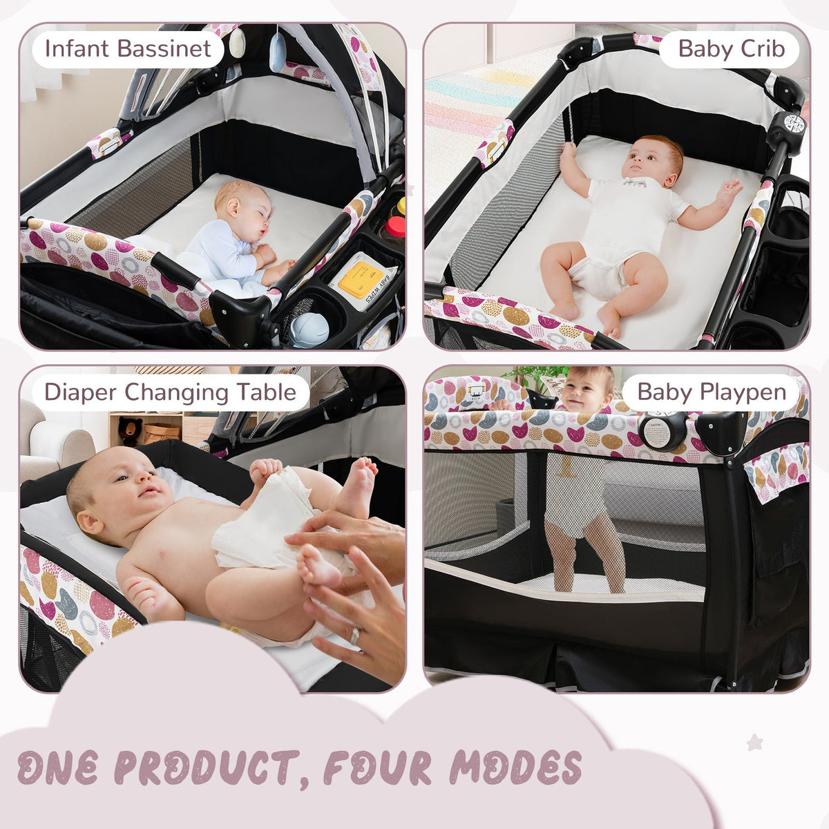 4 in 1 Portable Pack and Play Baby Nursery Center with Bassinet-Purple