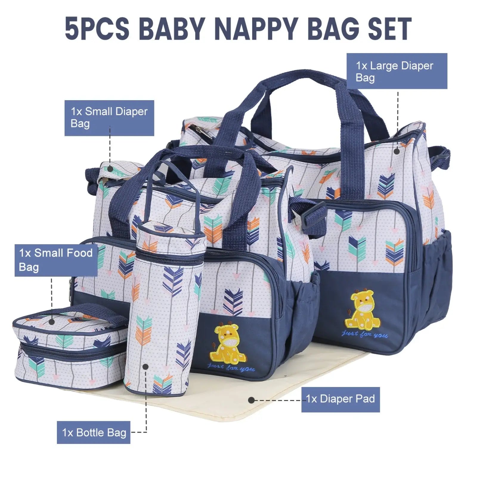 5 Piece Patterned Baby Diaper Bag Set with Travel Accessories