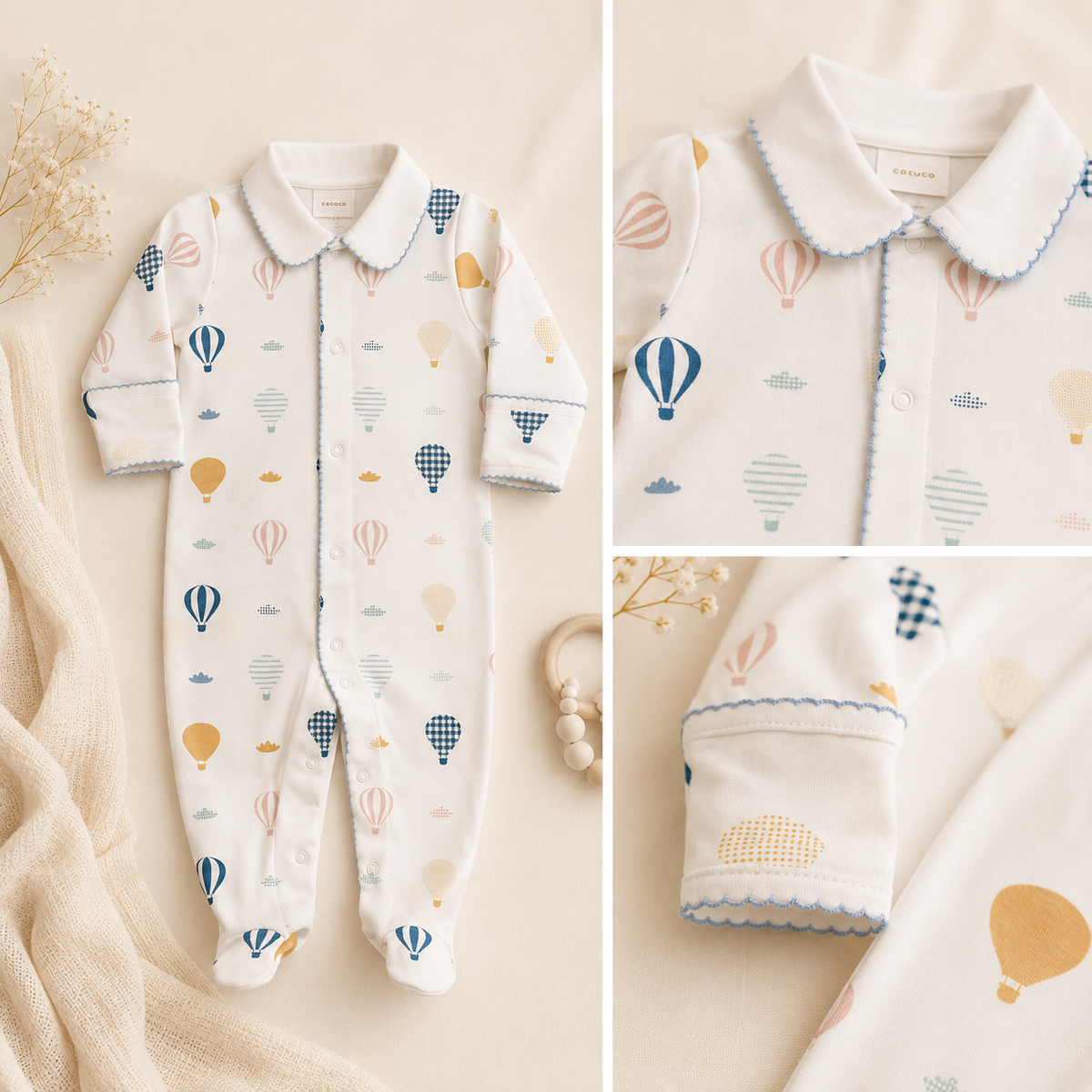 Newborn Bundle: PIMA Set - Up & Away Footie w/Blue Picot Trim, Reversible Blue Blanket, Bib & Teether