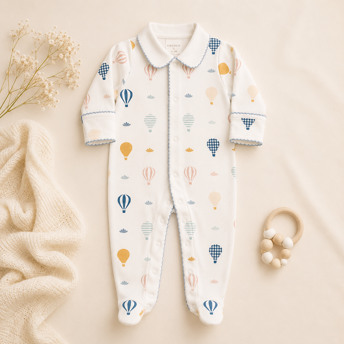 Newborn Bundle: PIMA Set - Up & Away Footie w/Blue Picot Trim, Reversible Blue Blanket, Bib & Teether