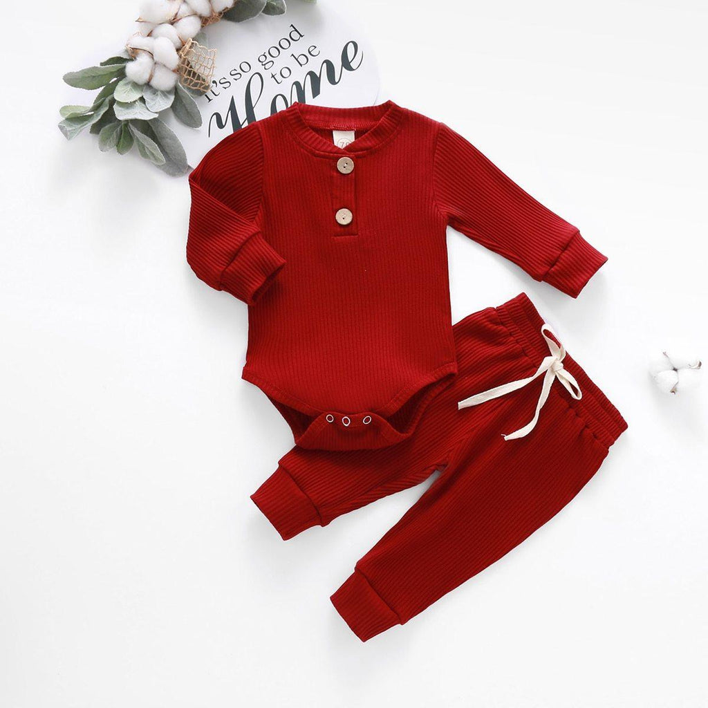 Infant Newborn Baby Autumn Ribbed Solid Sets Long Sleeve Bodysuits , Elastic Pants 2PCs