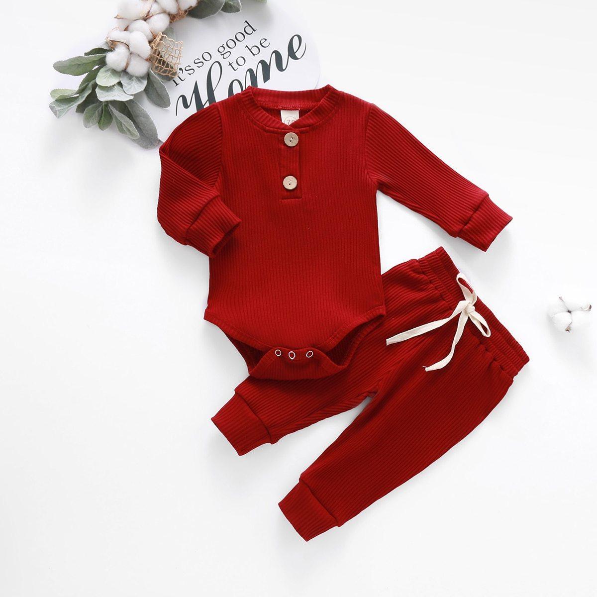 Baby Autumn Ribbed Solid Sets Long Sleeve Bodysuits, Elastic Pants 2PCs (0-24M)