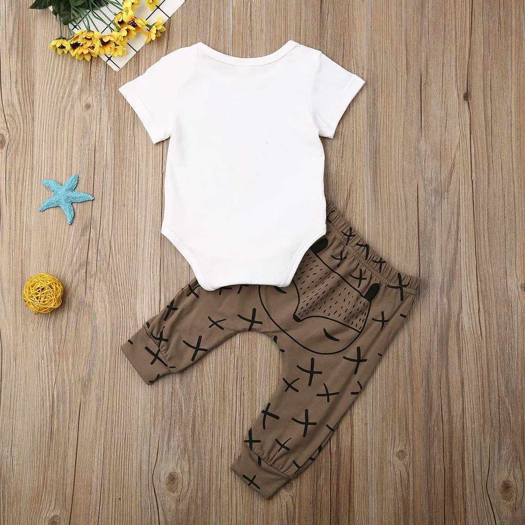Baby Clothes Cartoon Print Short Sleeve Romper Tops Long Pants Outfits