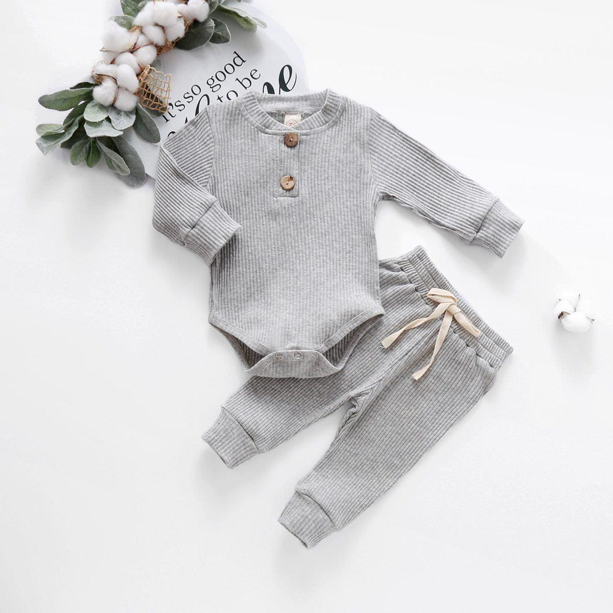 Baby Autumn Ribbed Solid Sets Long Sleeve Bodysuits, Elastic Pants 2PCs (0-24M)