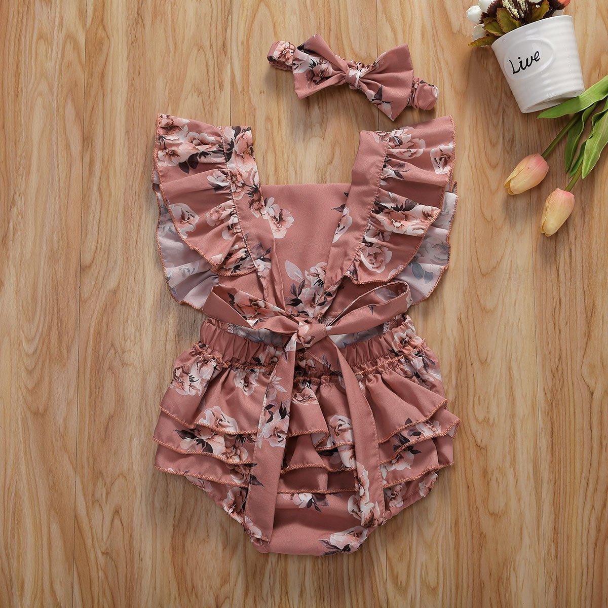 Baby Girl Ruffled Floral Romper with Headband (6-24M)