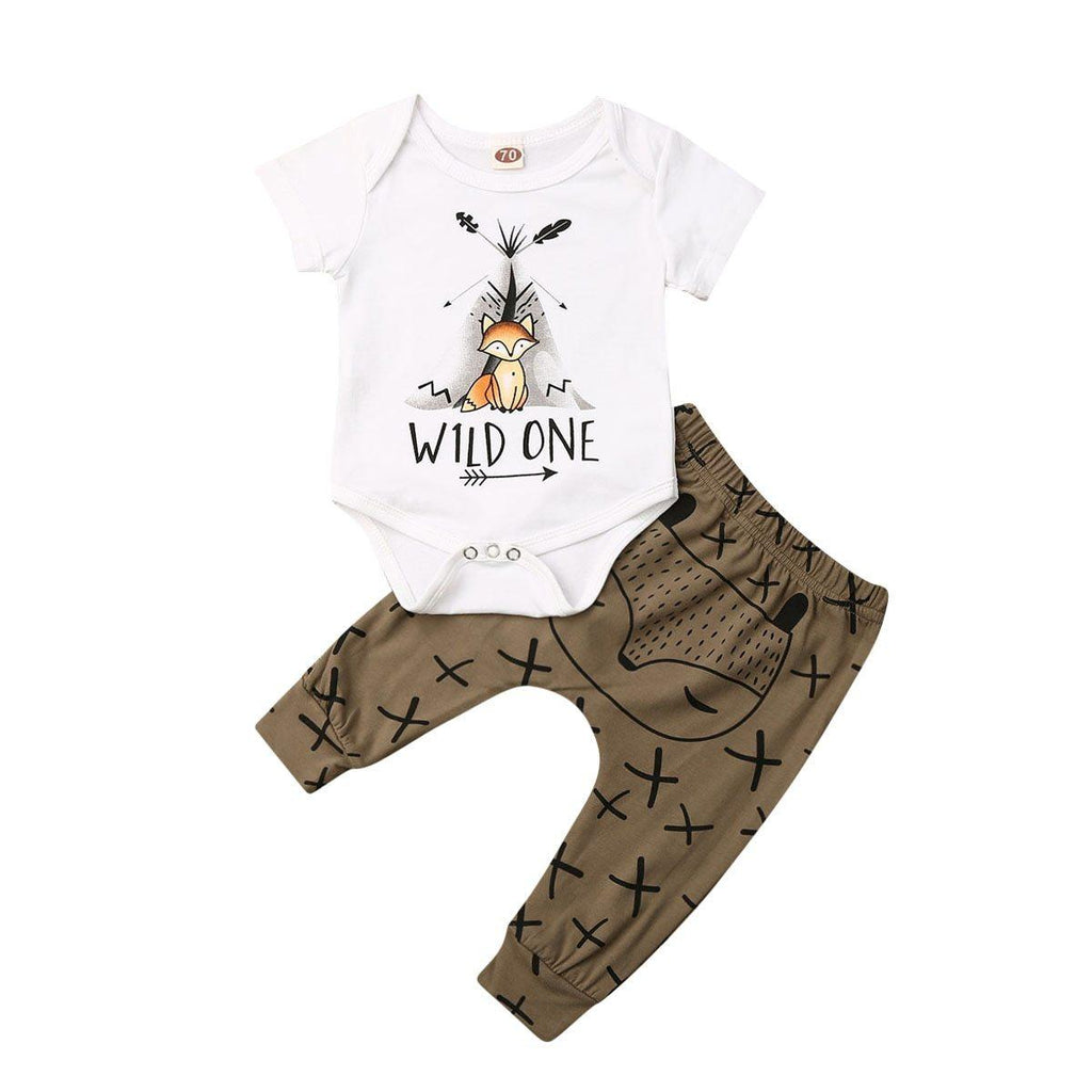 Baby Clothes Cartoon Print Short Sleeve Romper Tops Long Pants Outfits