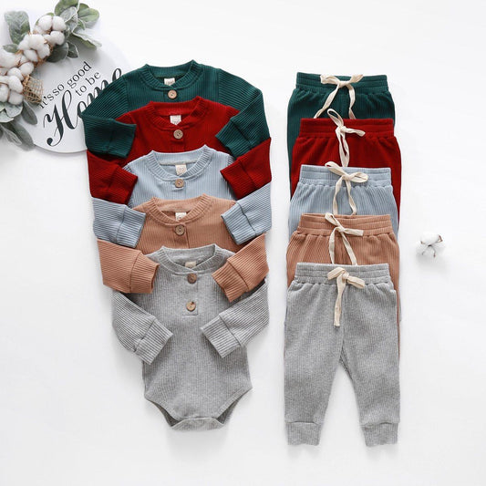 Baby Autumn Ribbed Solid Sets Long Sleeve Bodysuits, Elastic Pants 2PCs (0-24M)