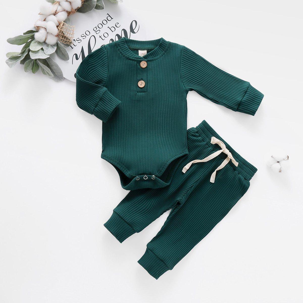 Baby Autumn Ribbed Solid Sets Long Sleeve Bodysuits, Elastic Pants 2PCs (0-24M)