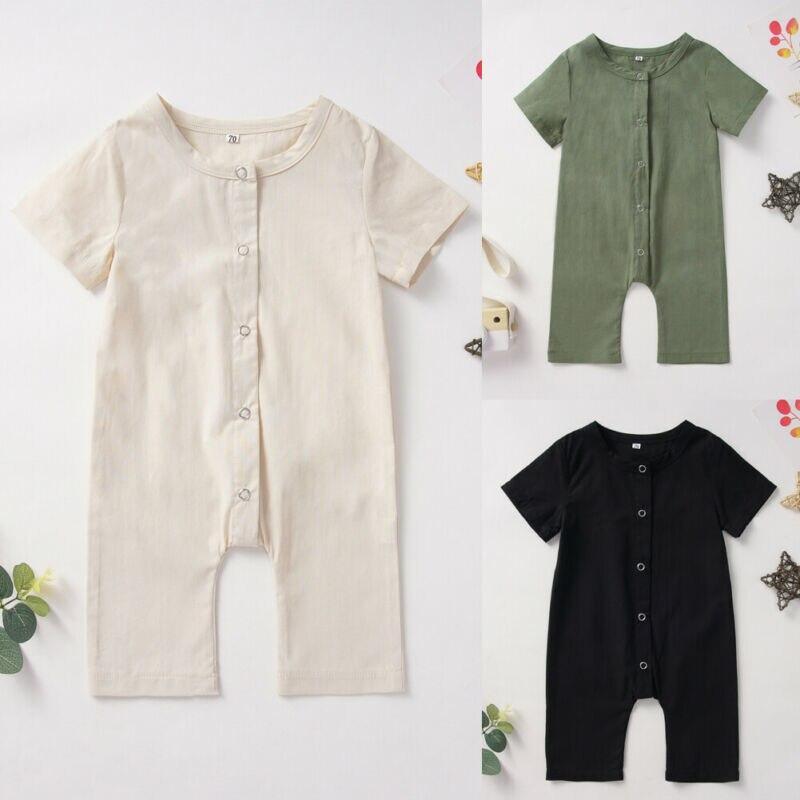 Unisex Cotton Linen Blend - Button Romper for babies 3M-12M