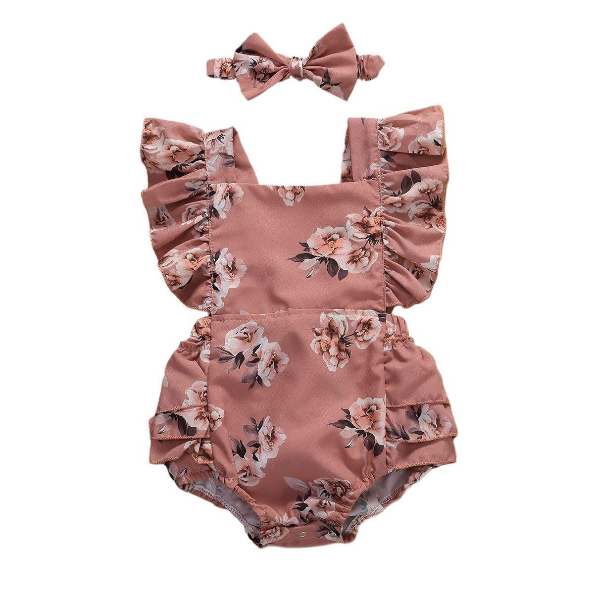 Baby Girl Ruffled Floral Romper with Headband (6-24M)