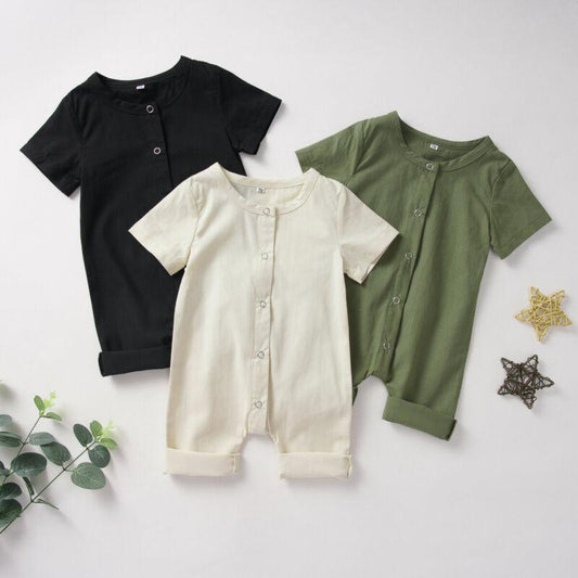 Unisex Cotton Linen Blend - Button Romper for babies 3M-12M