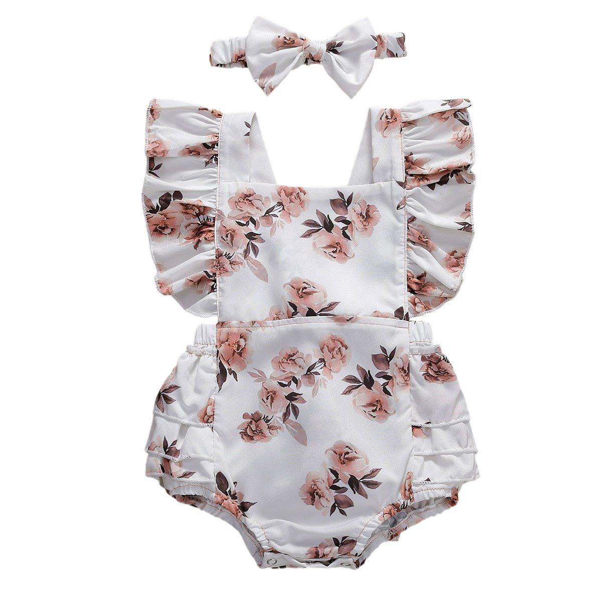 Baby Girl Ruffled Floral Romper with Headband (6-24M)