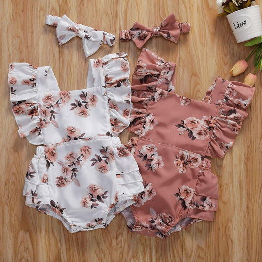 Baby Girl Ruffled Floral Romper with Headband (6-24M)