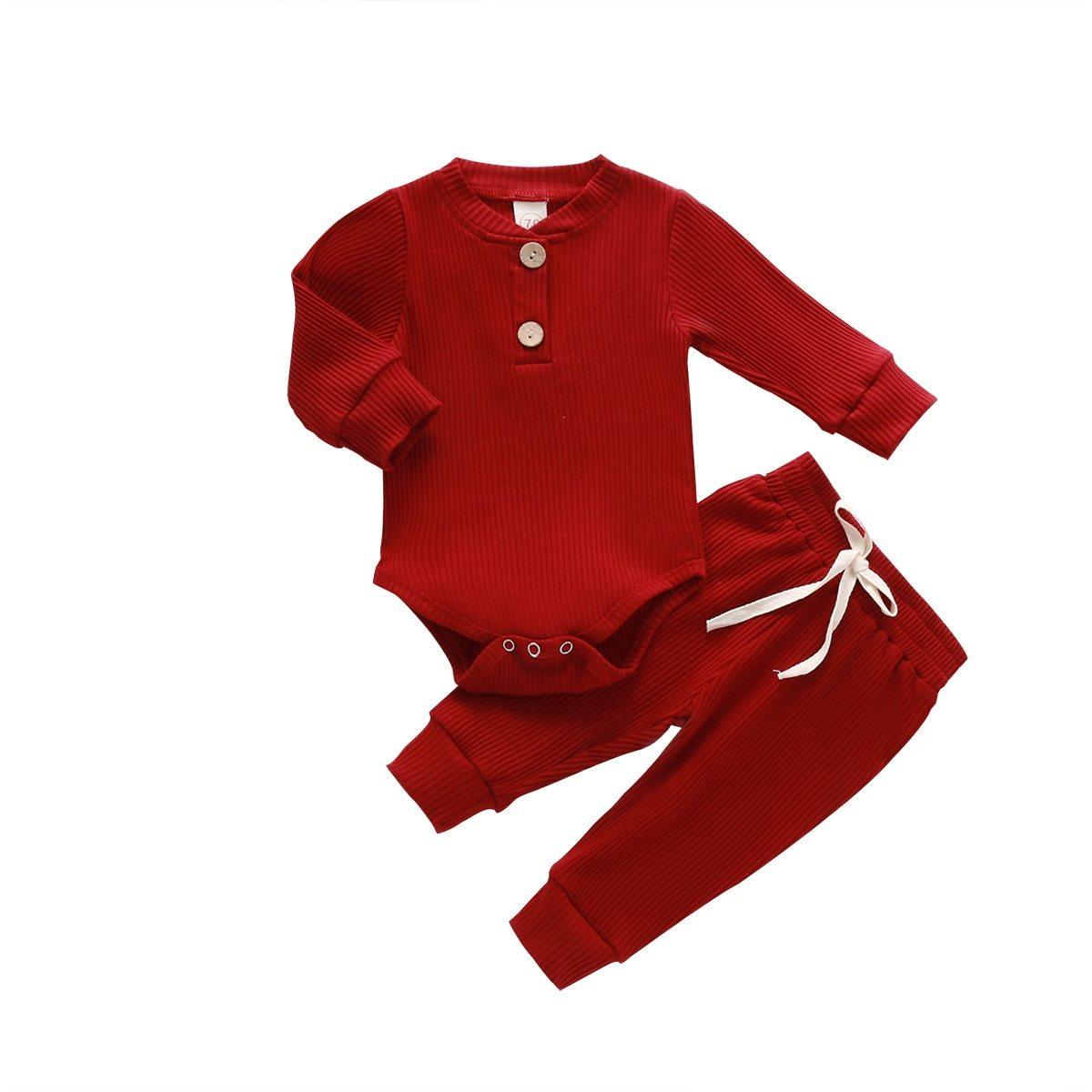 Baby Autumn Ribbed Solid Sets Long Sleeve Bodysuits, Elastic Pants 2PCs (0-24M)