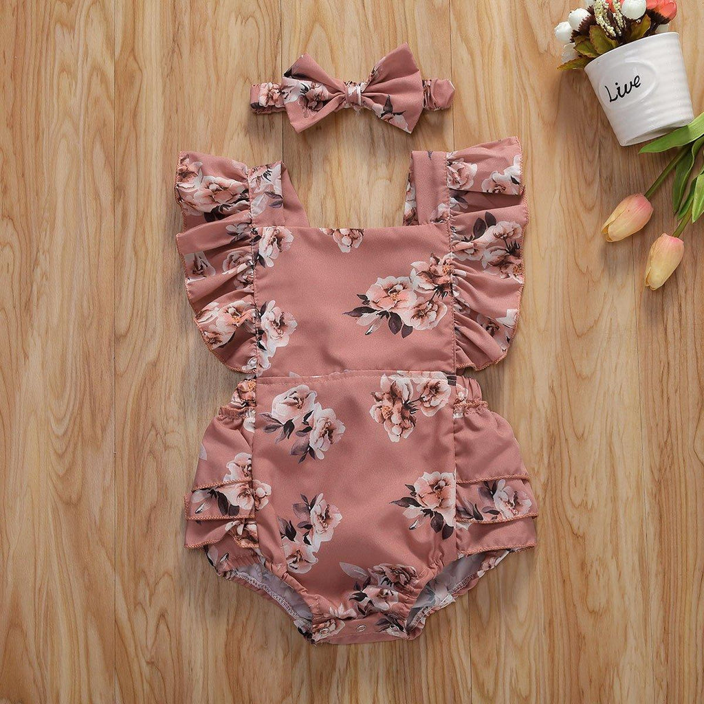 Baby Summer Clothing Infant Baby Girl Floral Romper Sleeveless Ruffled Jumpsuits With Headband