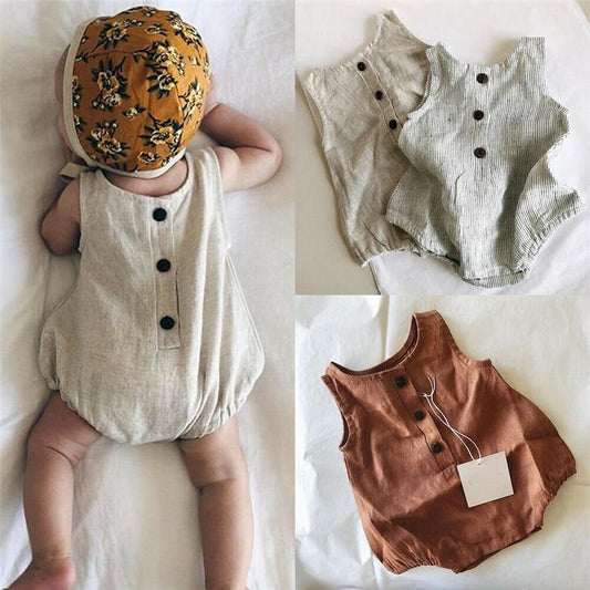 Baby Girl/Boy Clothes Cotton Linen Sleeveless Button Bodysuit (0M-12M)