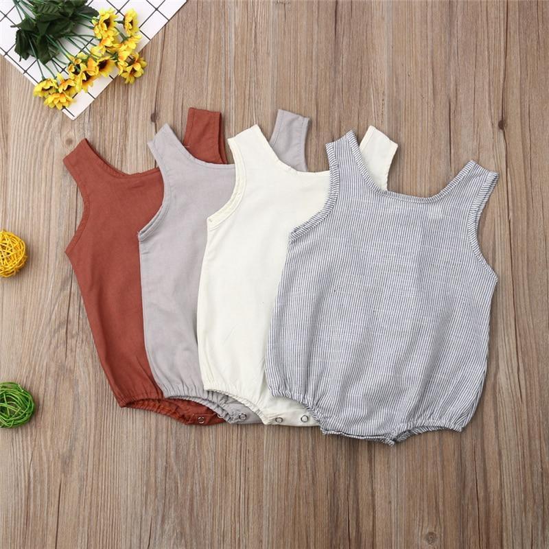 Baby Girl/Boy Clothes Cotton Linen Sleeveless Button Bodysuit (0M-12M)