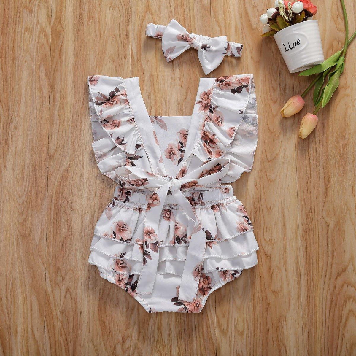 Baby Girl Ruffled Floral Romper with Headband (6-24M)
