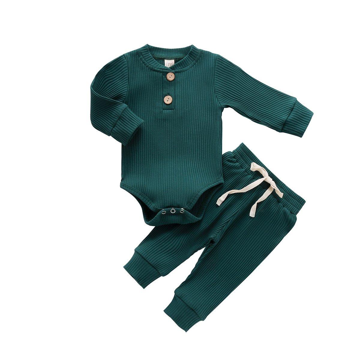 Baby Autumn Ribbed Solid Sets Long Sleeve Bodysuits, Elastic Pants 2PCs (0-24M)