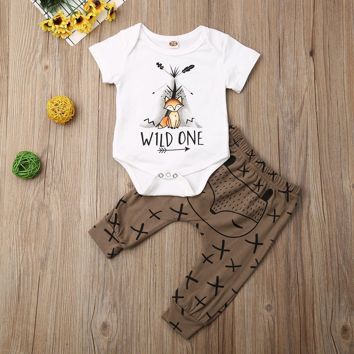 Baby Clothes Cartoon Print Short Sleeve Romper Tops Long Pants Outfits