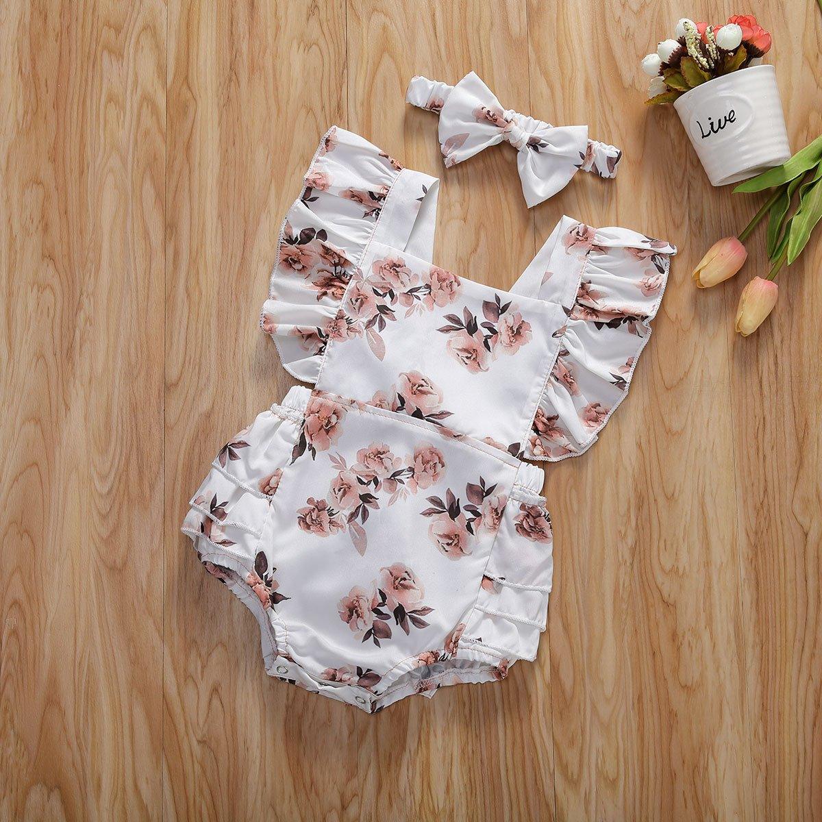 Baby Summer Clothing Infant Baby Girl Floral Romper Sleeveless Ruffled Jumpsuits With Headband