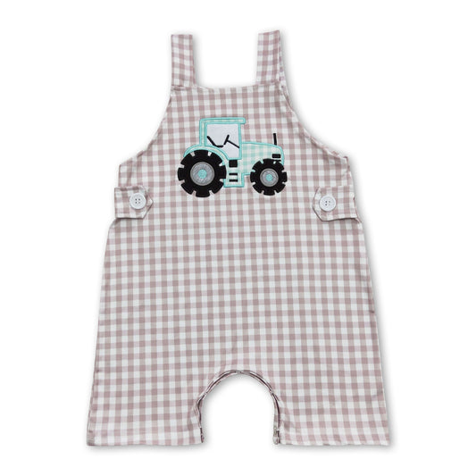 Khaki plaid tractor sleeveless baby boy farm romper