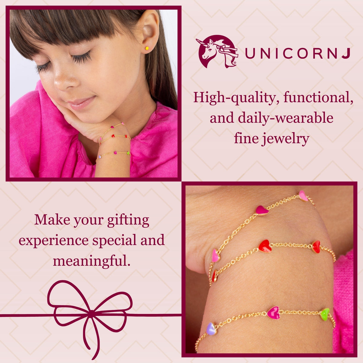 UNICORNJ 14k Yellow Gold Enamel Mini Heart Bracelet Charm Dangle or Vertical Stacked 5 Heart Station for Girls Kids Toddlers Babies Made in Italy 5.25 or 5.5 inches