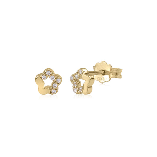 UNICORNJ 14K Yellow or White Gold Children's Kids Baby Tiny Flower Post Earrings Half Polished Half CZ's Italy