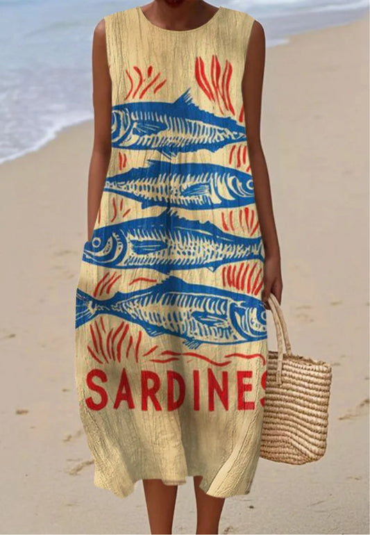 Liza - Dress with Vintage Fish Art Print