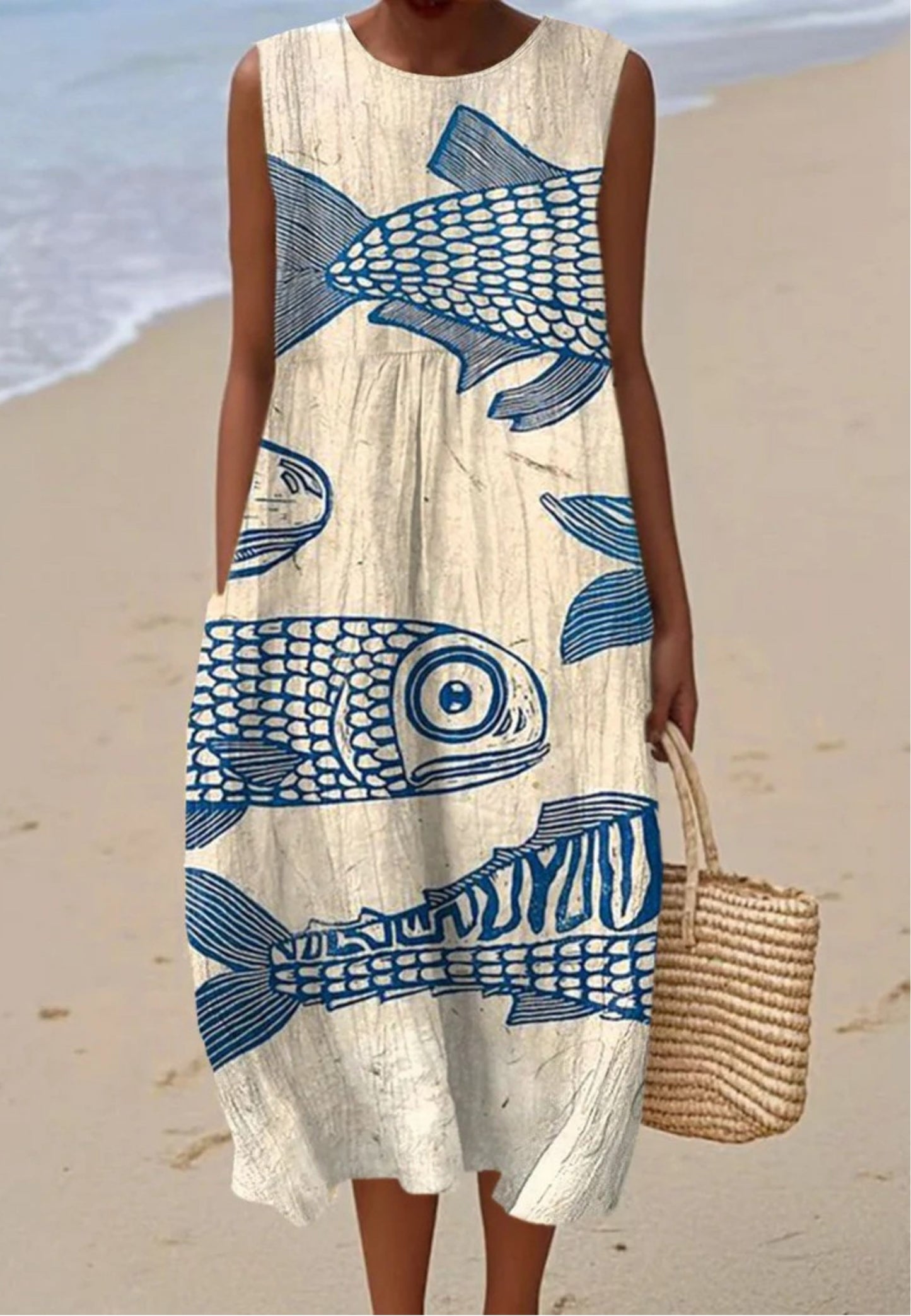 River - Vintage-Inspired Dress with Fish Art Print