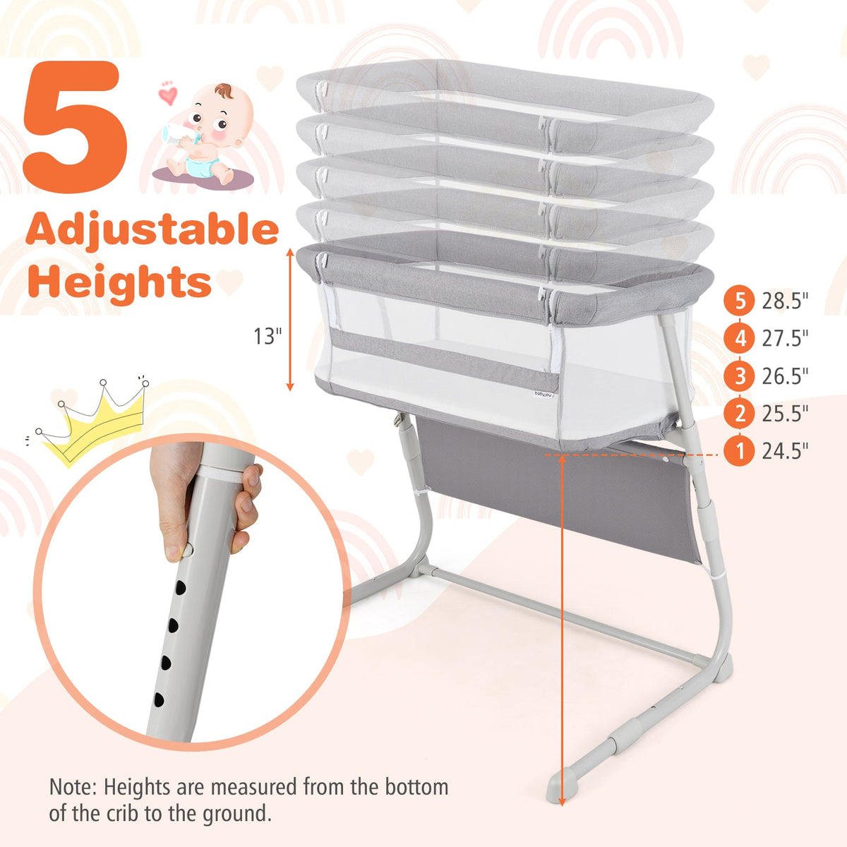 Baby Bassinet Bedside Crib with Adjustable Height Comfy Mattress