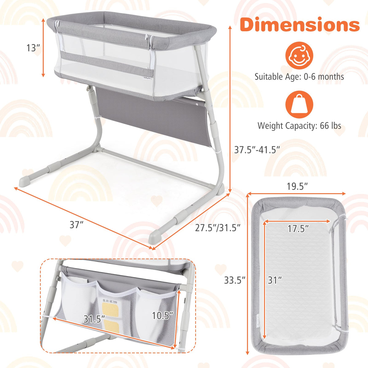 Baby Bassinet Bedside Crib with Adjustable Height Comfy Mattress