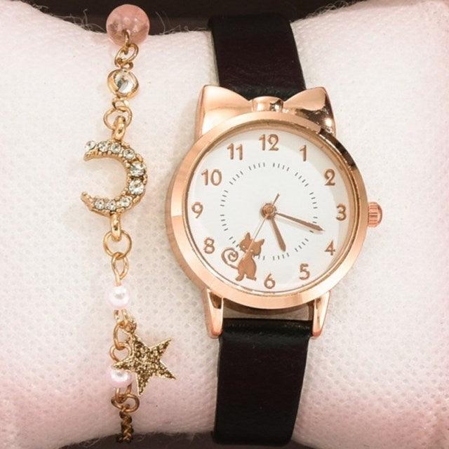 Luxury Cat Gold Dial Watch Fashion Kids Leather Strap Quartz Set Bracelet Watch Leather Band (10 Colors)
