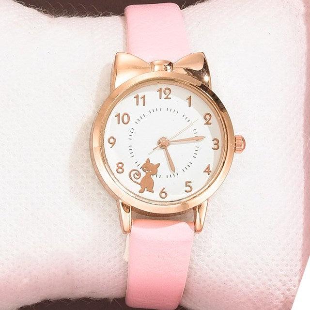 Luxury Cat Gold Dial Watch Fashion Kids Leather Strap Quartz Set Bracelet Watch Leather Band (10 Colors)