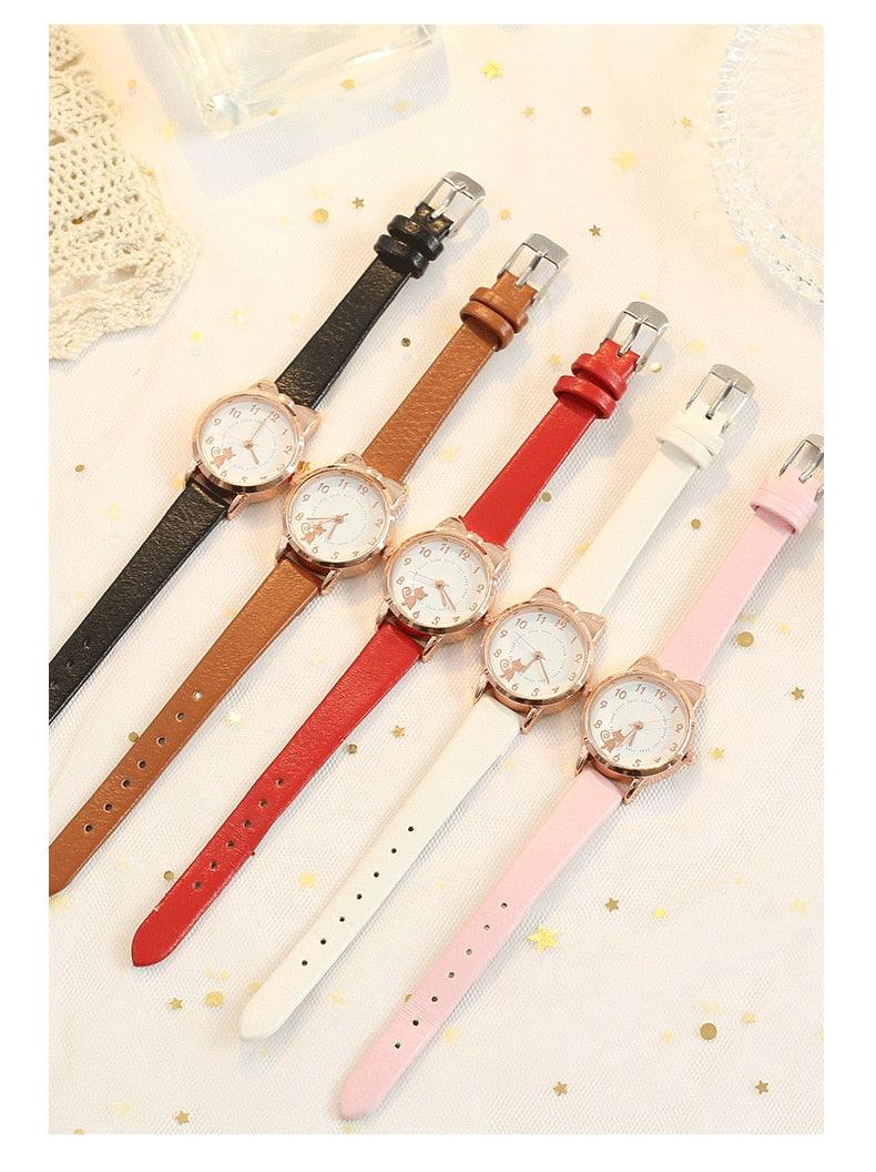 Luxury Cat Gold Dial Watch Fashion Kids Leather Strap Quartz Set Bracelet Watch Leather Band (10 Colors)