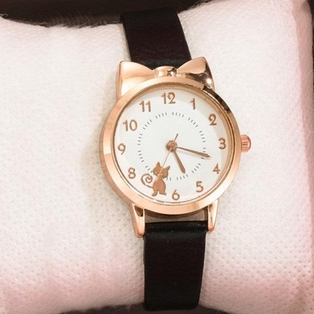 Luxury Cat Gold Dial Watch Fashion Kids Leather Strap Quartz Set Bracelet Watch Leather Band (10 Colors)