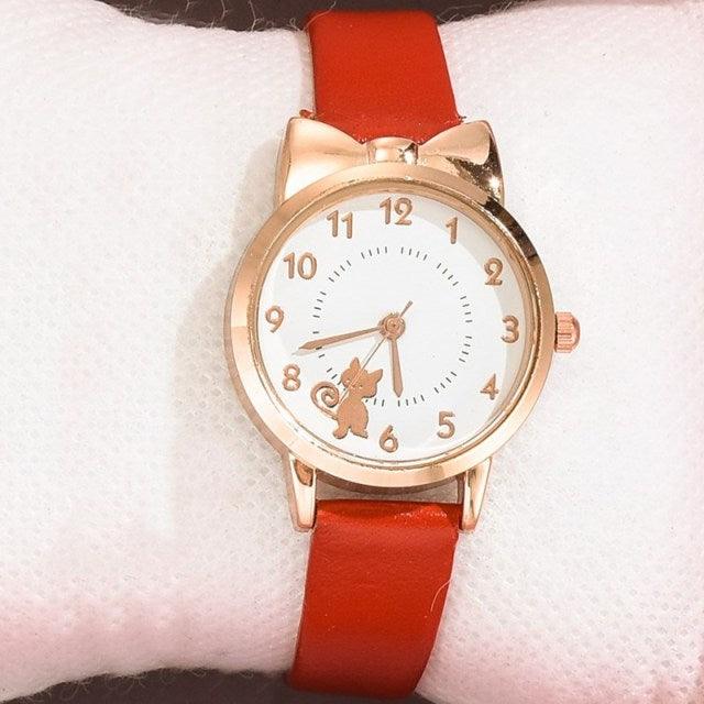 Luxury Cat Gold Dial Watch Fashion Kids Leather Strap Quartz Set Bracelet Watch Leather Band (10 Colors)