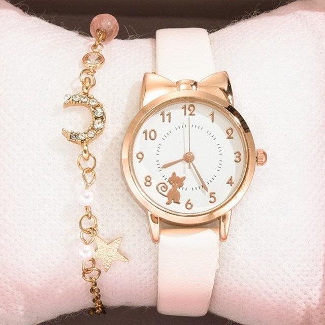 Luxury Cat Gold Dial Watch Fashion Kids Leather Strap Quartz Set Bracelet Watch Leather Band (10 Colors)