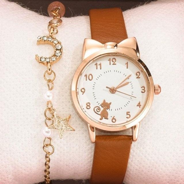 Luxury Cat Gold Dial Watch Fashion Kids Leather Strap Quartz Set Bracelet Watch Leather Band (10 Colors)