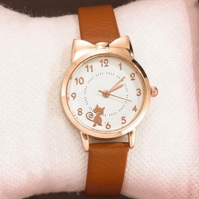 Luxury Cat Gold Dial Watch Fashion Kids Leather Strap Quartz Set Bracelet Watch Leather Band (10 Colors)
