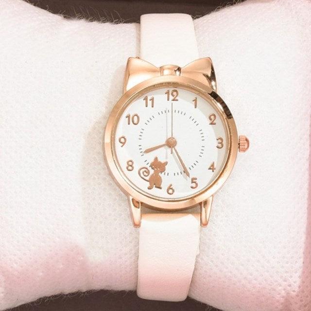 Luxury Cat Gold Dial Watch Fashion Kids Leather Strap Quartz Set Bracelet Watch Leather Band (10 Colors)