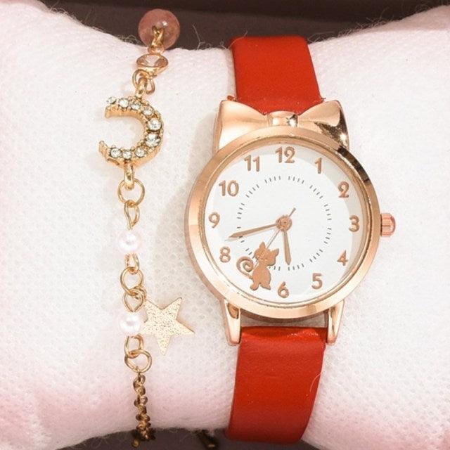 Luxury Cat Gold Dial Watch Fashion Kids Leather Strap Quartz Set Bracelet Watch Leather Band (10 Colors)