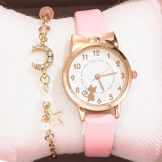 Luxury Cat Gold Dial Watch Fashion Kids Leather Strap Quartz Set Bracelet Watch Leather Band (10 Colors)