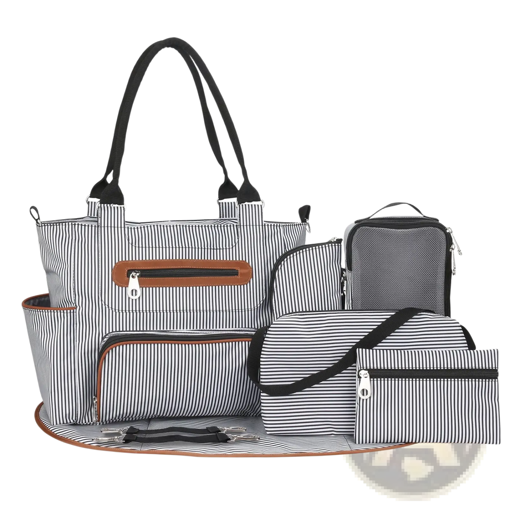 Multifunctional 8 Piece Striped Diaper Bag and Accessory Set