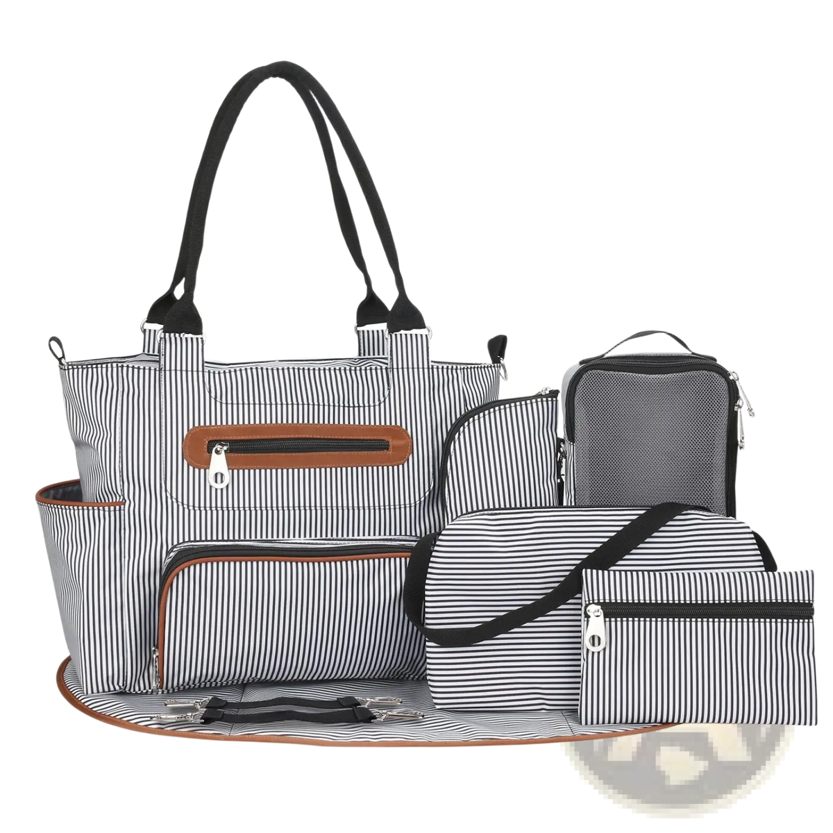 Multifunctional 8 Piece Striped Diaper Bag and Accessory Set
