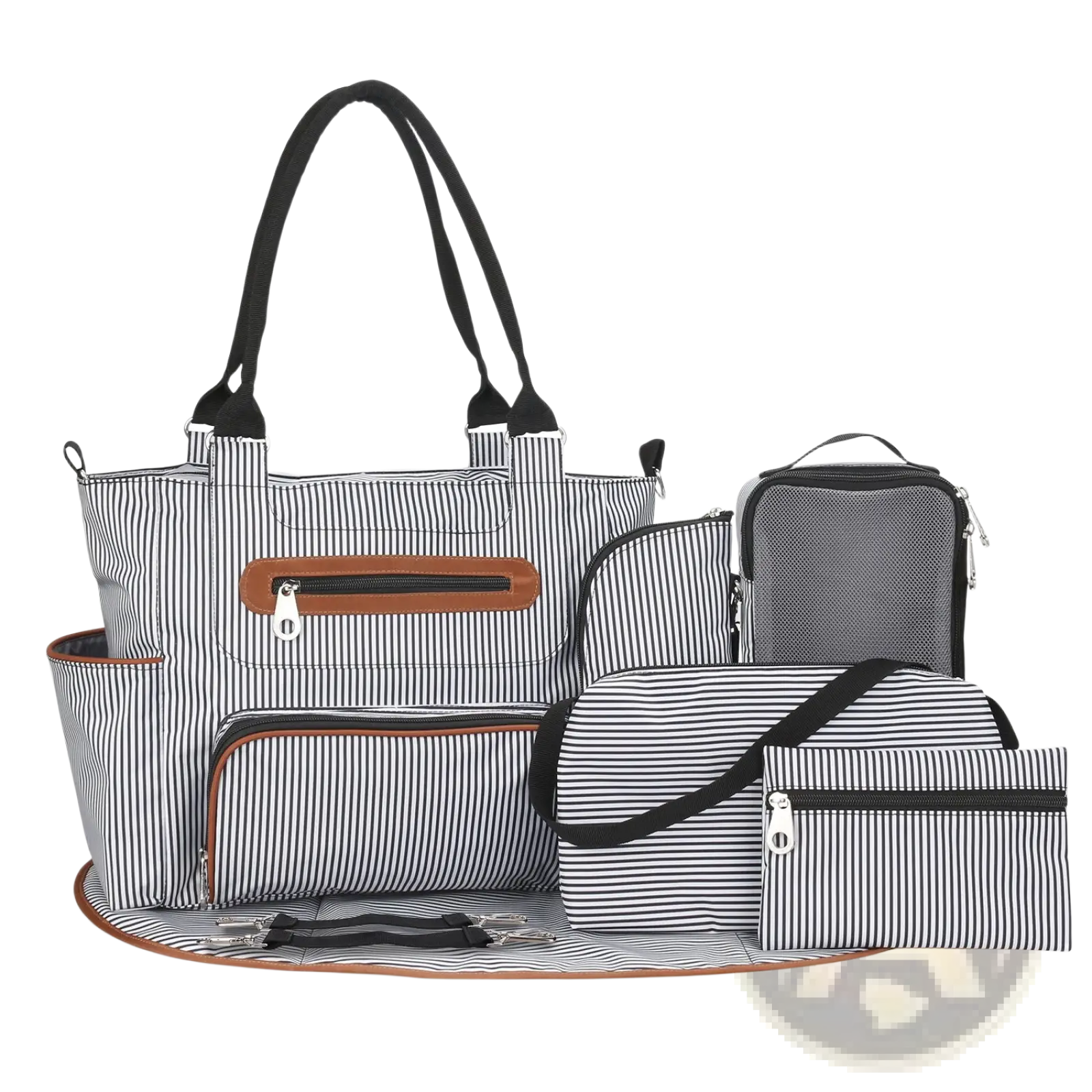 Multifunctional 8 Piece Striped Diaper Bag and Accessory Set