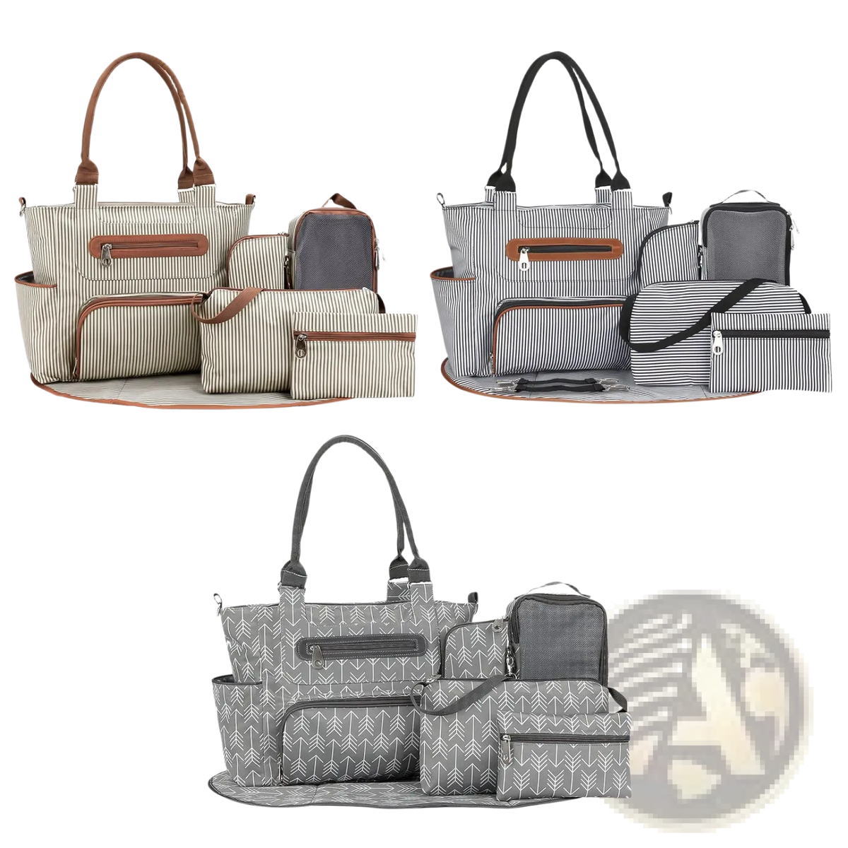 Multifunctional 8 Piece Striped Diaper Bag and Accessory Set