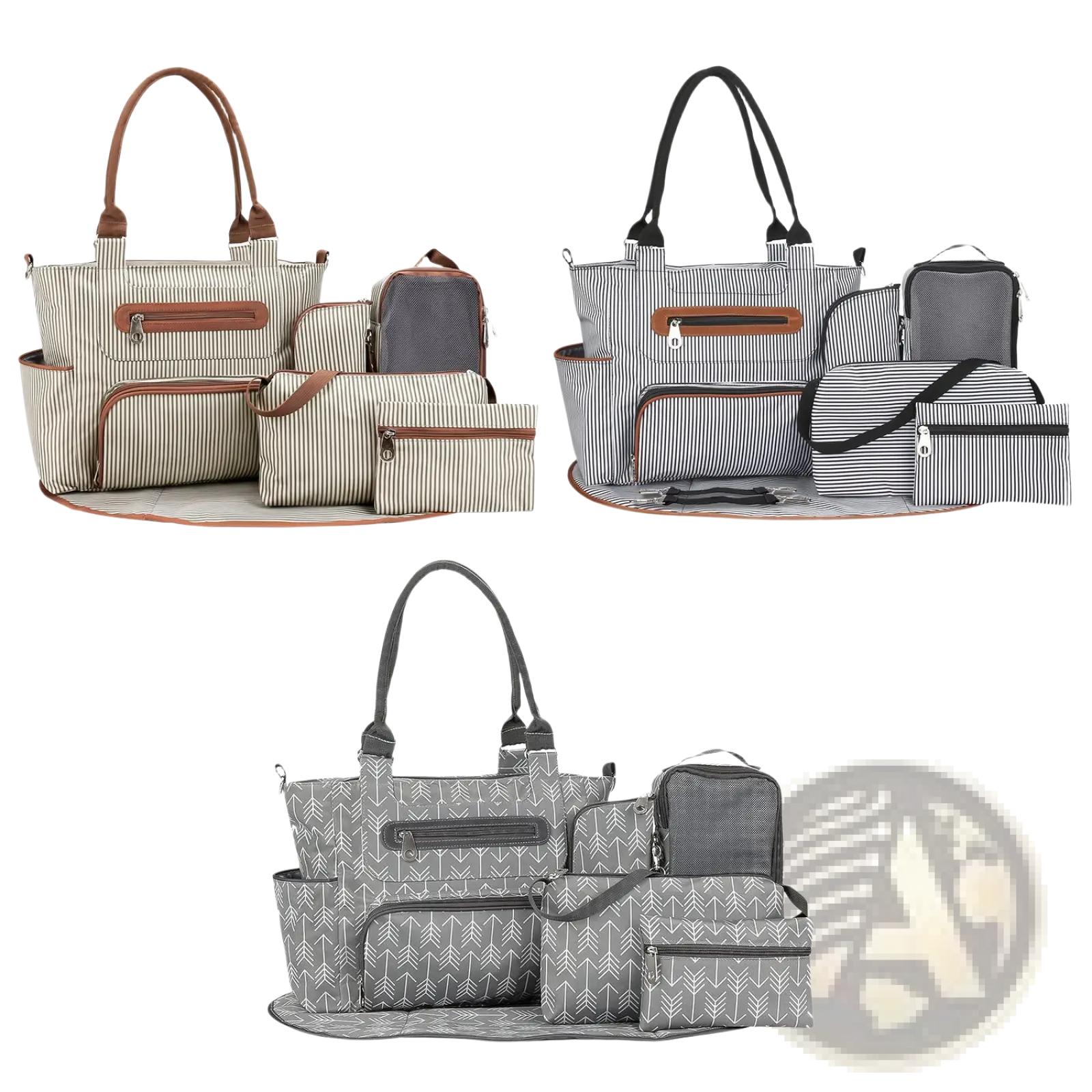Multifunctional 8 Piece Striped Diaper Bag and Accessory Set