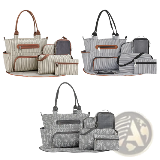Multifunctional 8 Piece Striped Diaper Bag and Accessory Set